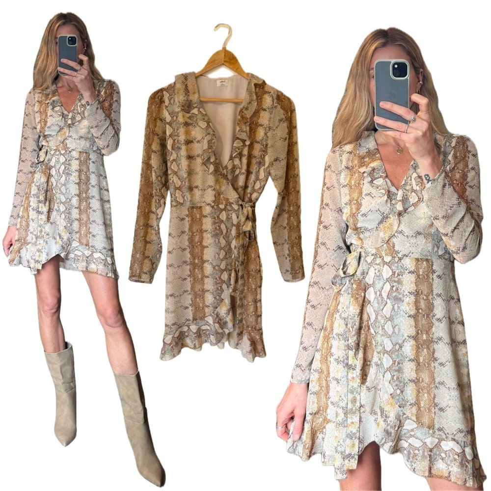 Wilfred Aritzia Louise Snakeskin Print Chiffon Wrap Ruffle Mini Dress